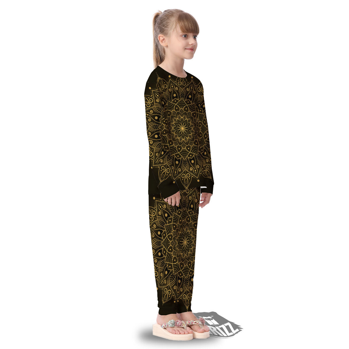 Mandala Gold And Black Print Kid's Pajamas-grizzshop