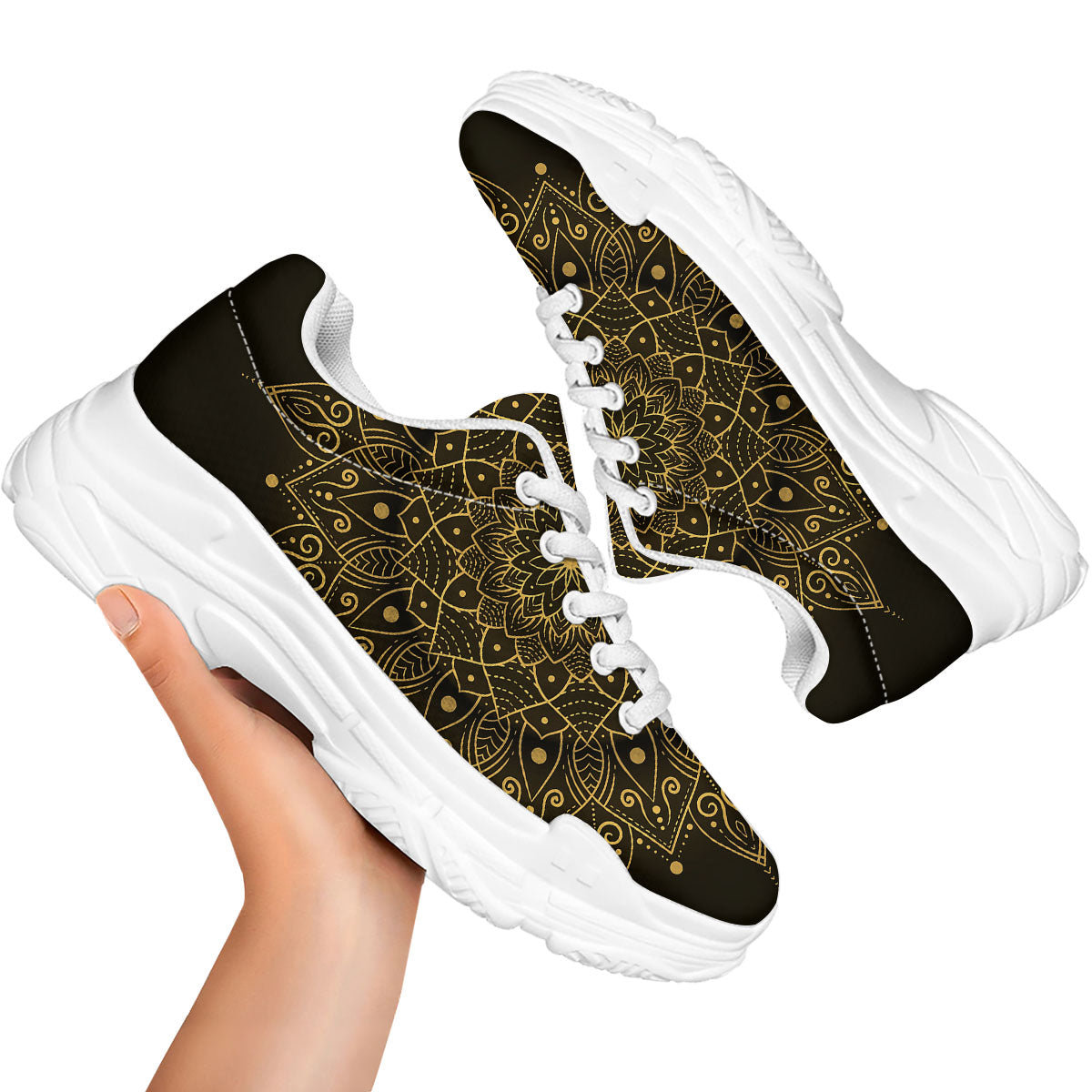 Mandala Gold And Black Print White Chunky Shoes-grizzshop