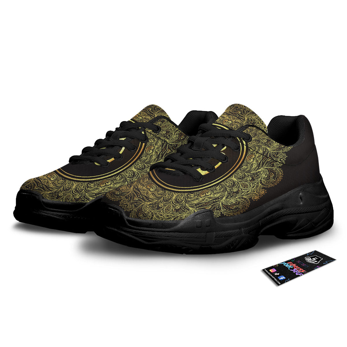 Mandala Om Gold Print Black Chunky Shoes-grizzshop
