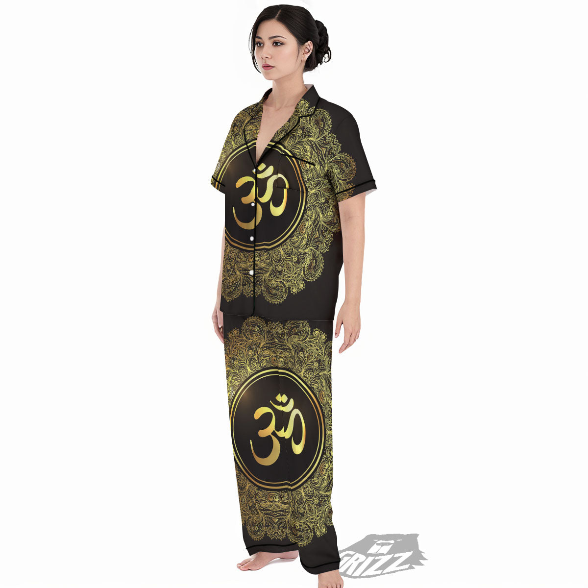 Mandala Om Gold Print Women's Pajamas Set-grizzshop