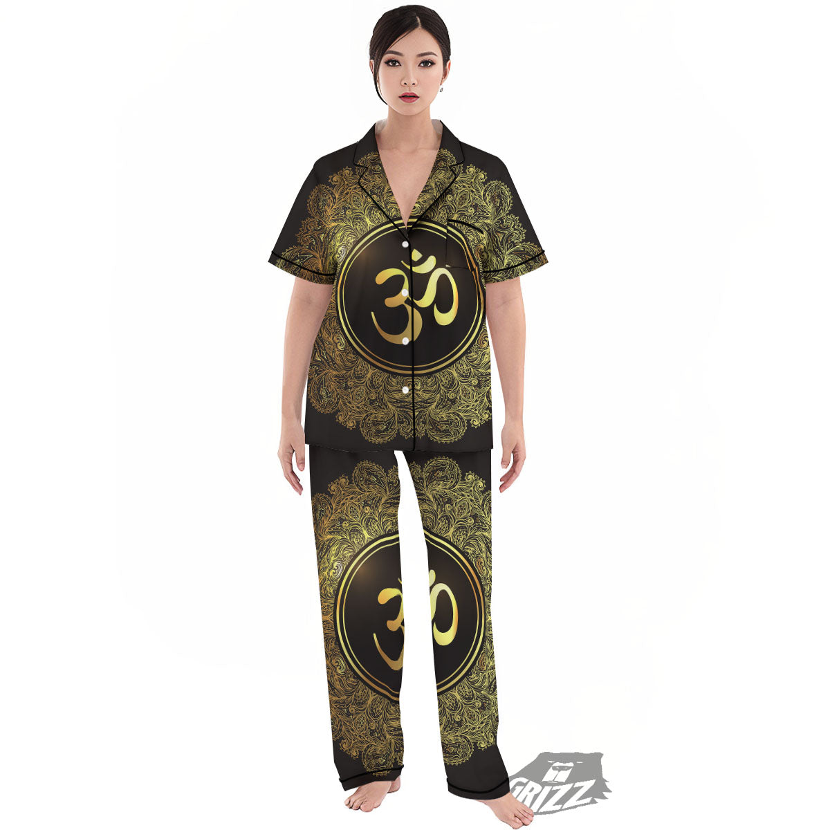 Mandala Om Gold Print Women's Pajamas Set-grizzshop