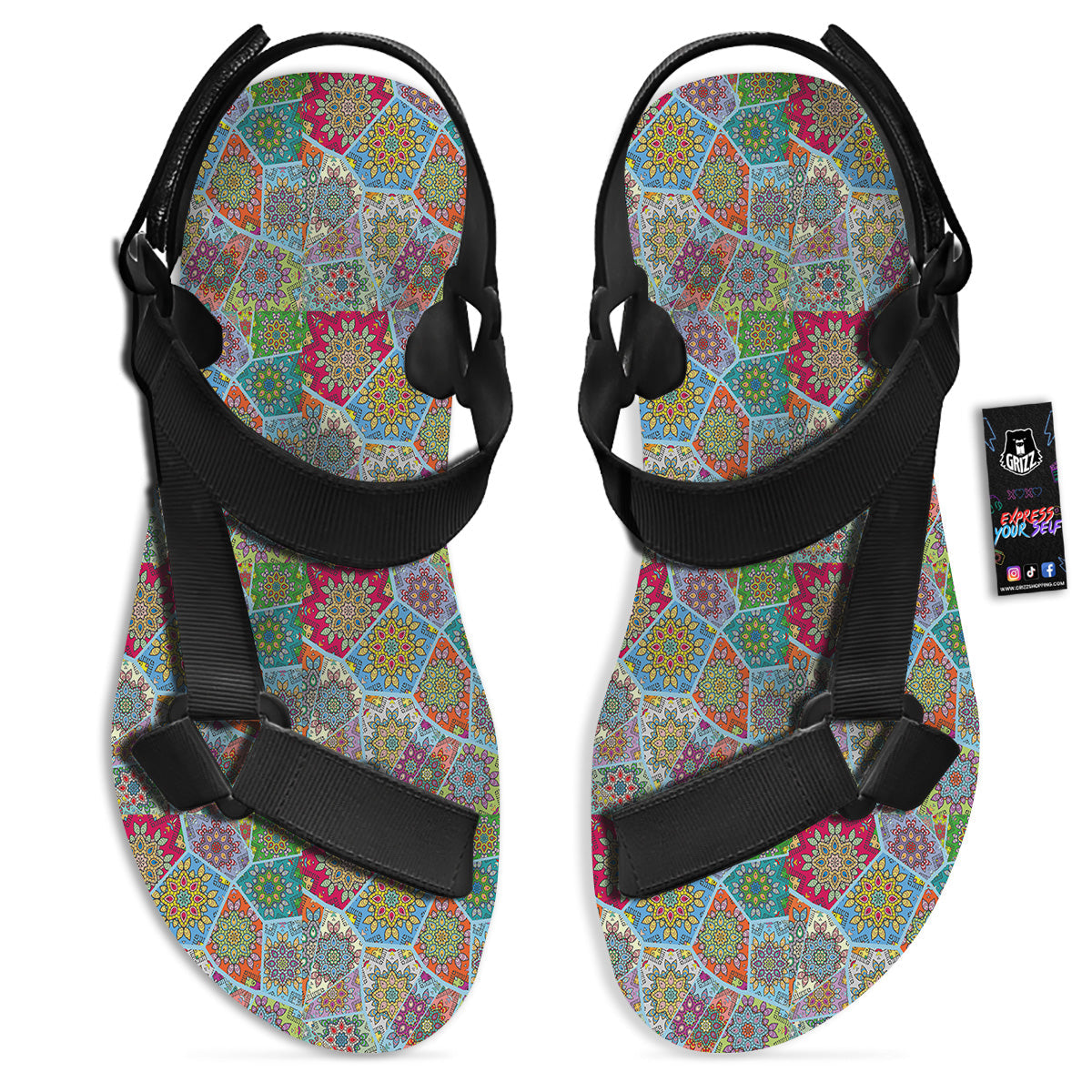 Mandala Patchwork Bohemian Indian Print Black Open Toe Sandals-grizzshop