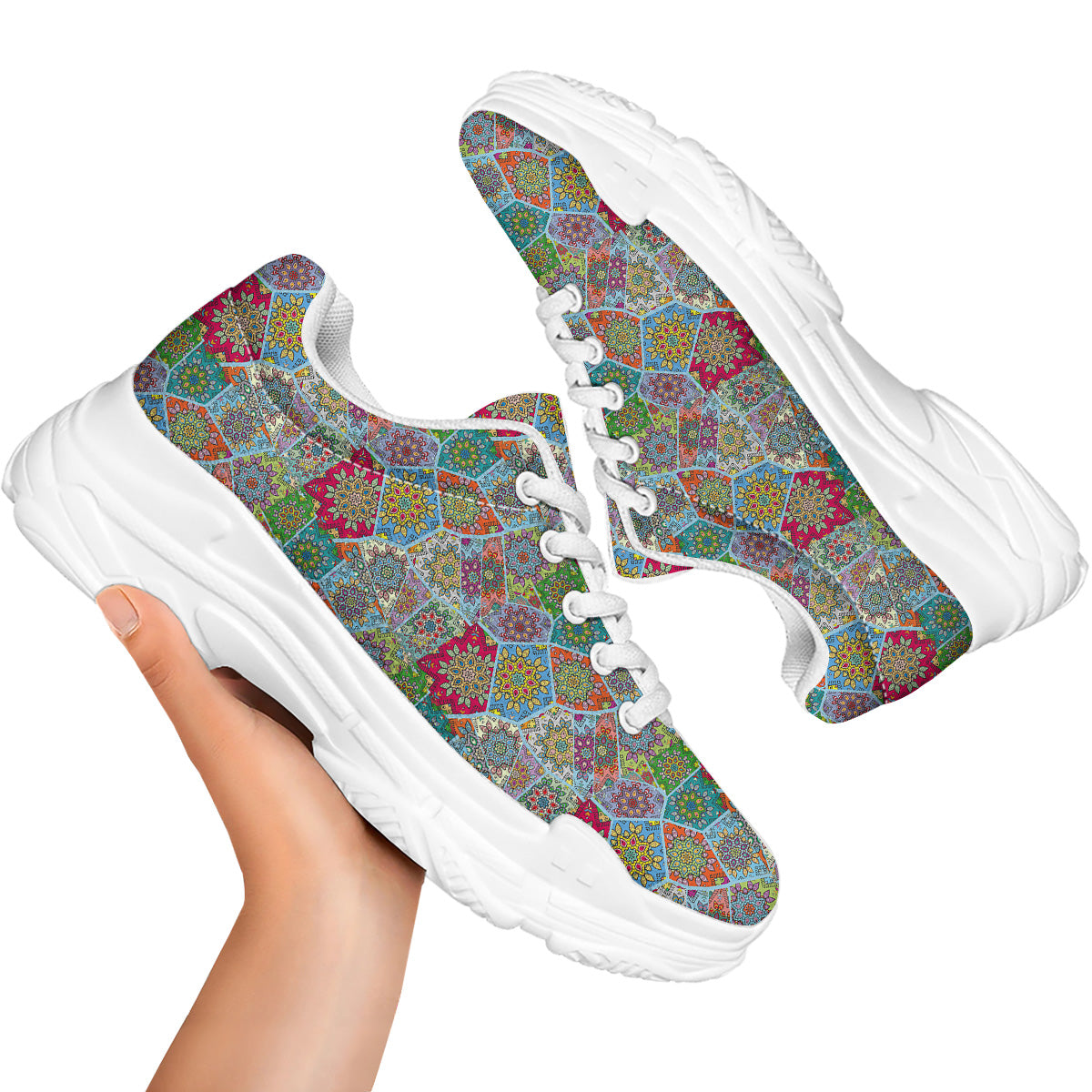 Mandala Patchwork Bohemian Indian Print White Chunky Shoes-grizzshop