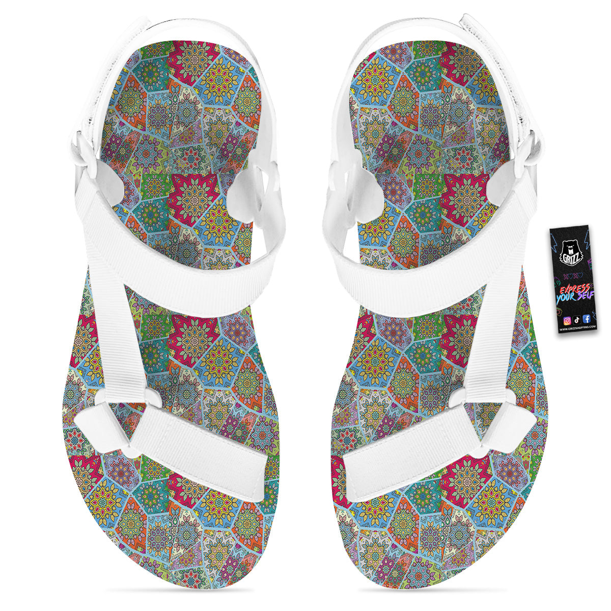Mandala Patchwork Bohemian Indian Print White Open Toe Sandals-grizzshop