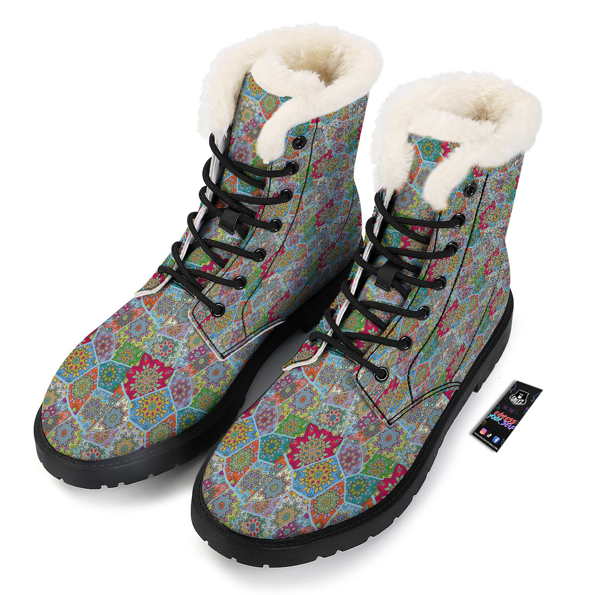 Mandala Patchwork Bohemian Indian Print Winter Boots-grizzshop