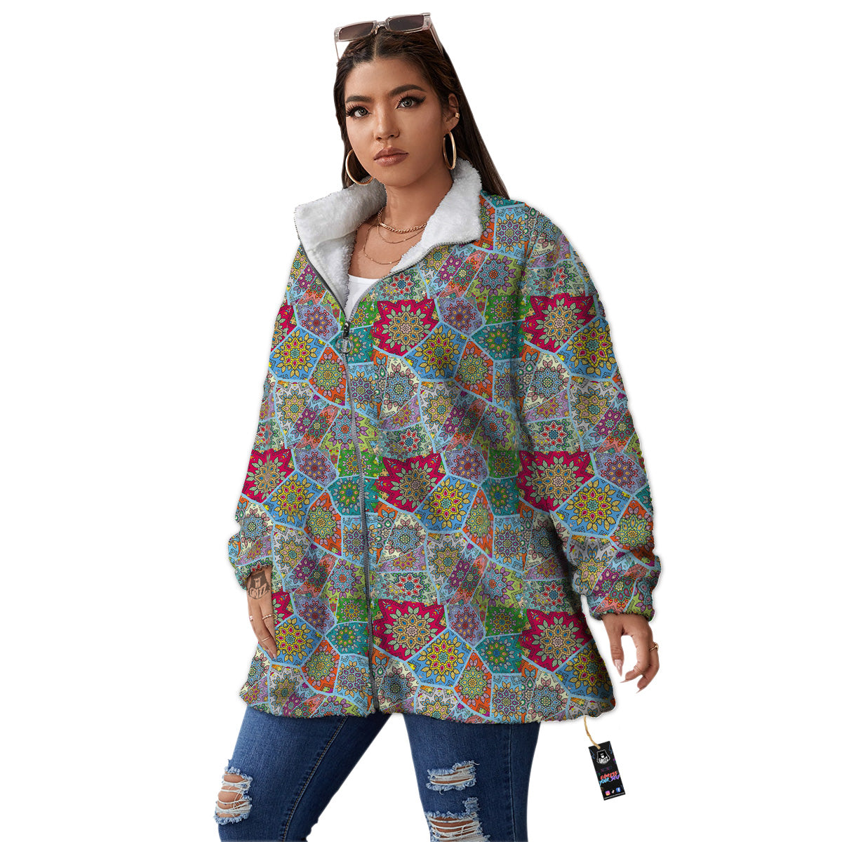 Mandala Patchwork Bohemian Indian Print Women's Sherpa Jacket-grizzshop