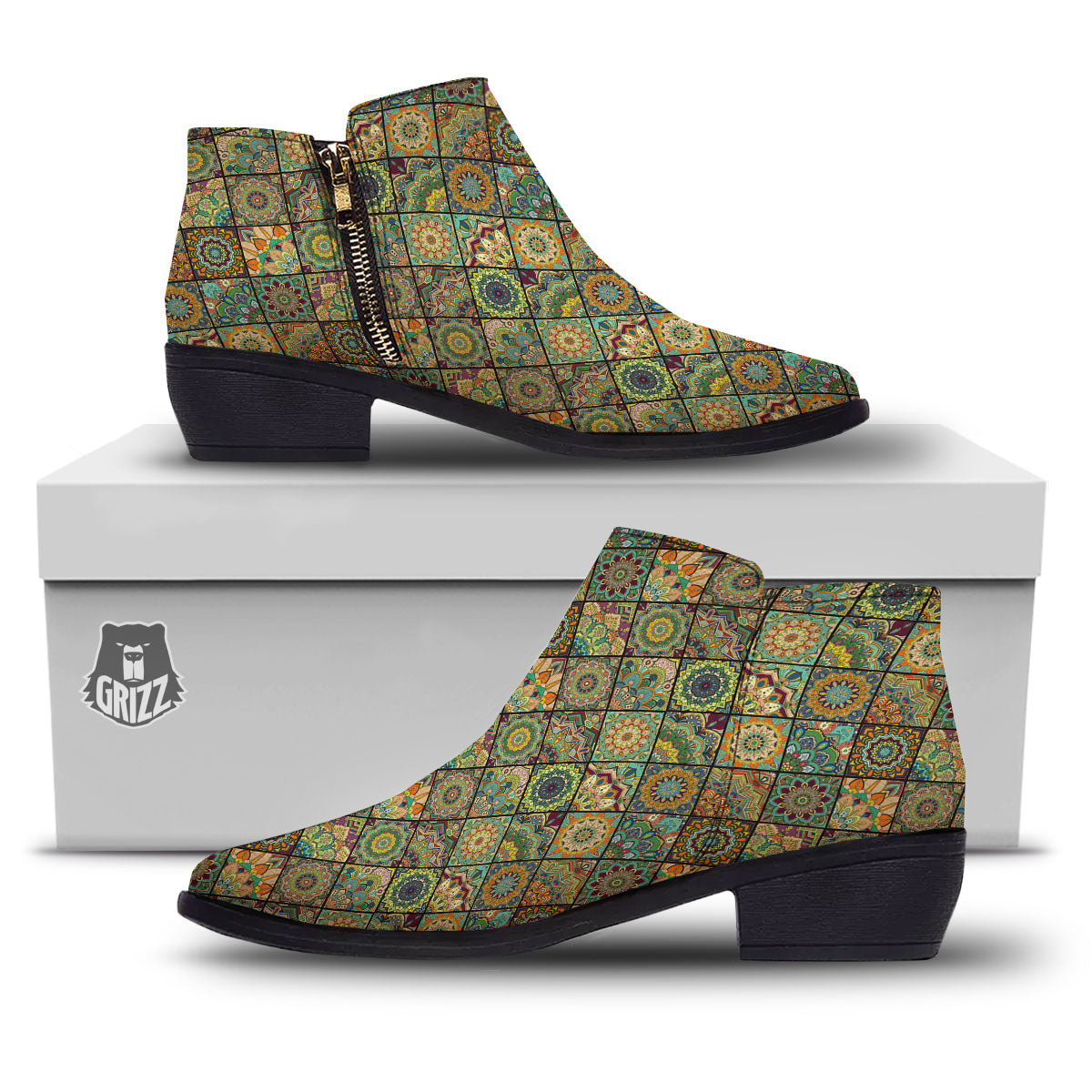 Mandala Patchwork Oval Bohemian Print Pattern Ankle Boots-grizzshop
