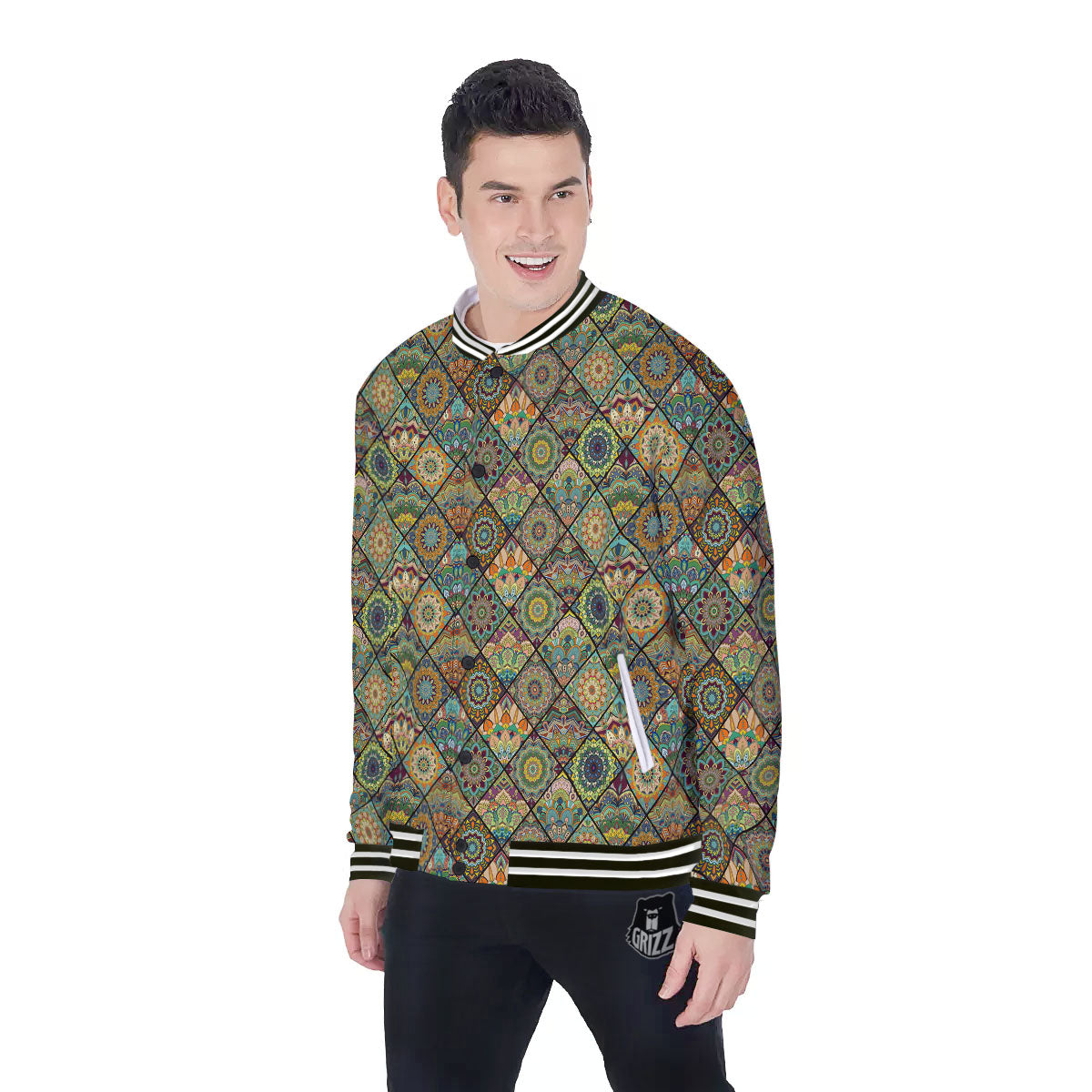 Mandala Patchwork Oval Bohemian Print Pattern Baseball Jacket-grizzshop