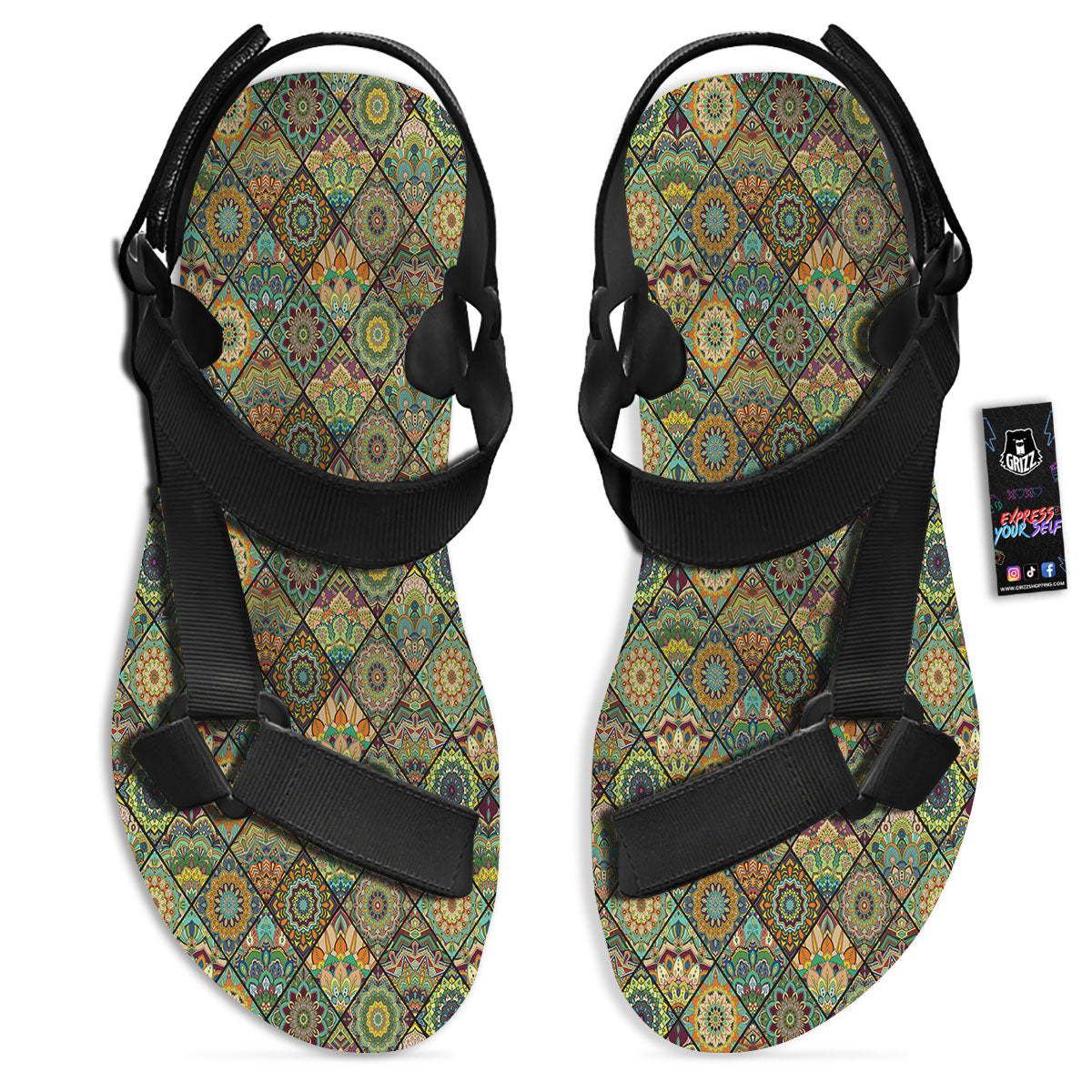 Mandala Patchwork Oval Bohemian Print Pattern Black Open Toe Sandals-grizzshop