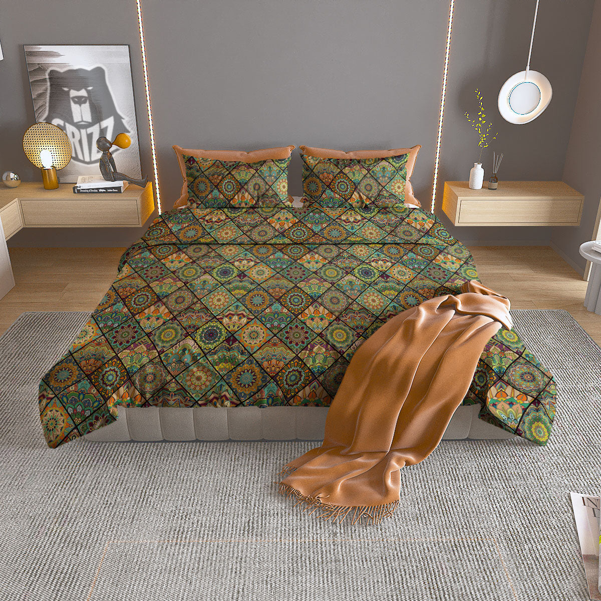 Mandala Patchwork Oval Bohemian Print Pattern Duvet Cover Bedding Set