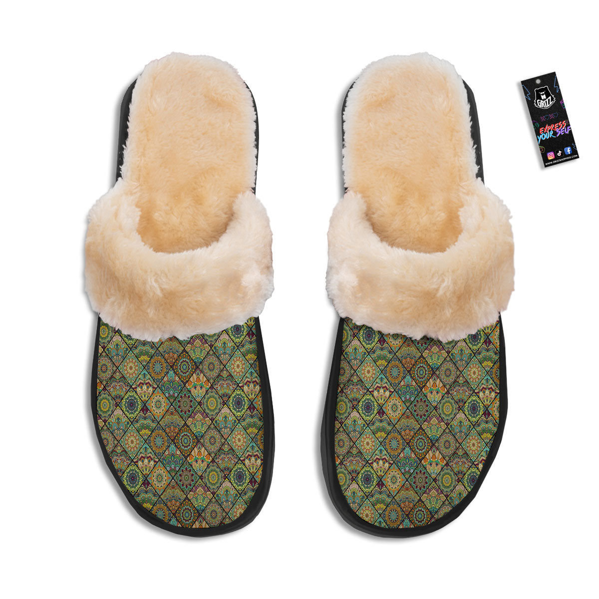 Mandala Patchwork Oval Bohemian Print Pattern Slippers-grizzshop