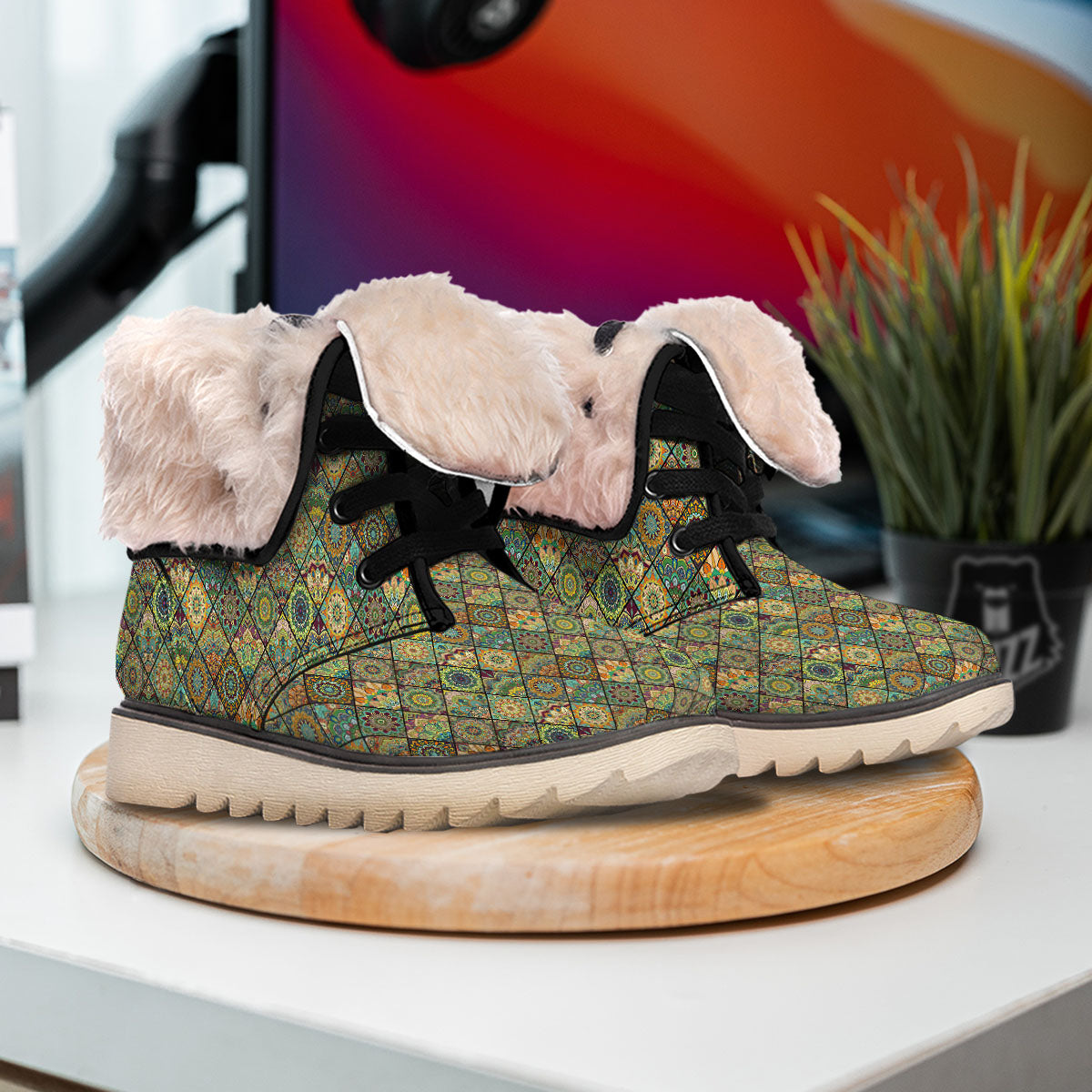 Mandala Patchwork Oval Bohemian Print Pattern Snow Boots-grizzshop