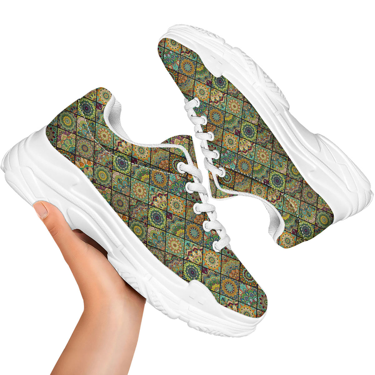 Mandala Patchwork Oval Bohemian Print Pattern White Chunky Shoes-grizzshop