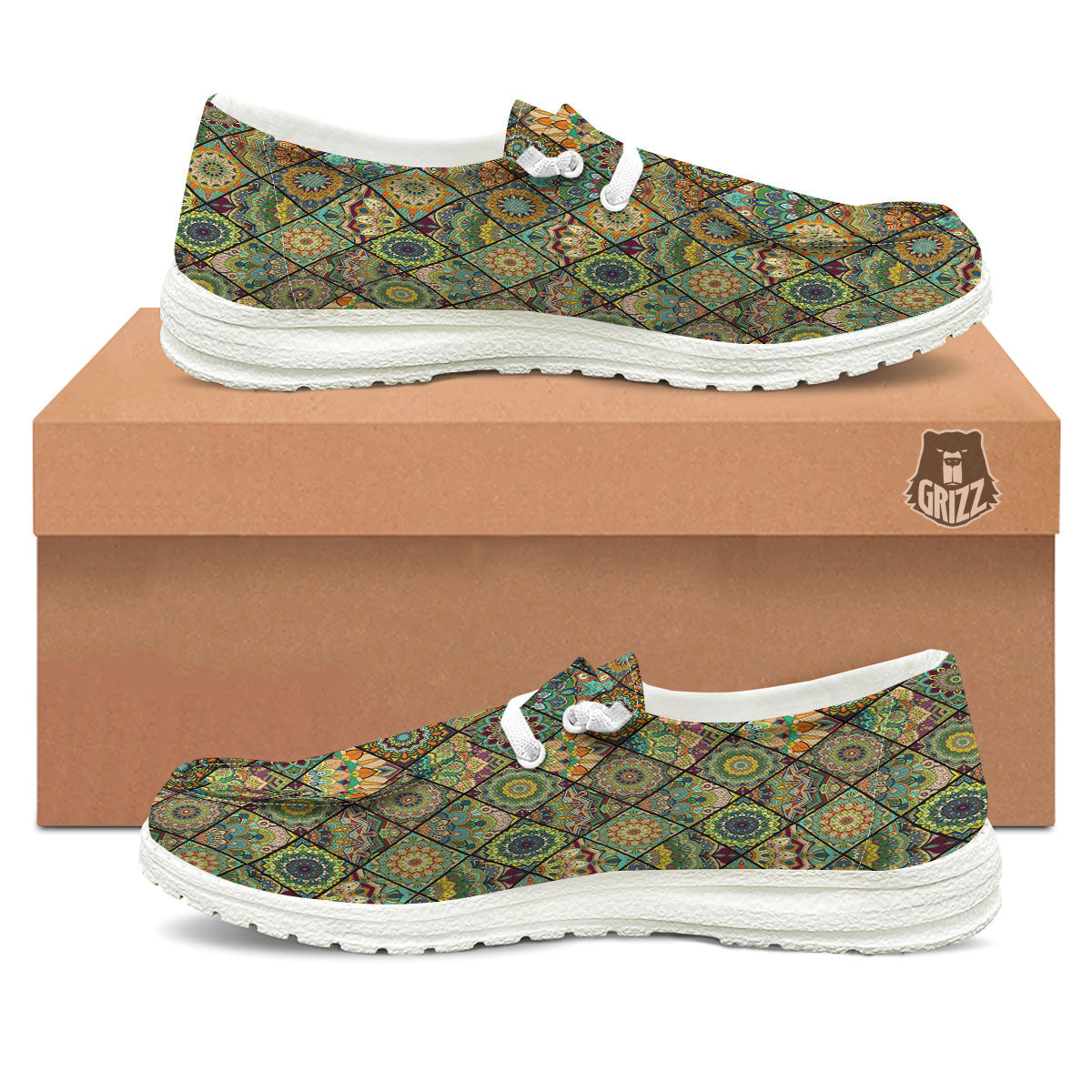 Mandala Patchwork Oval Bohemian Print Pattern White Loafers-grizzshop