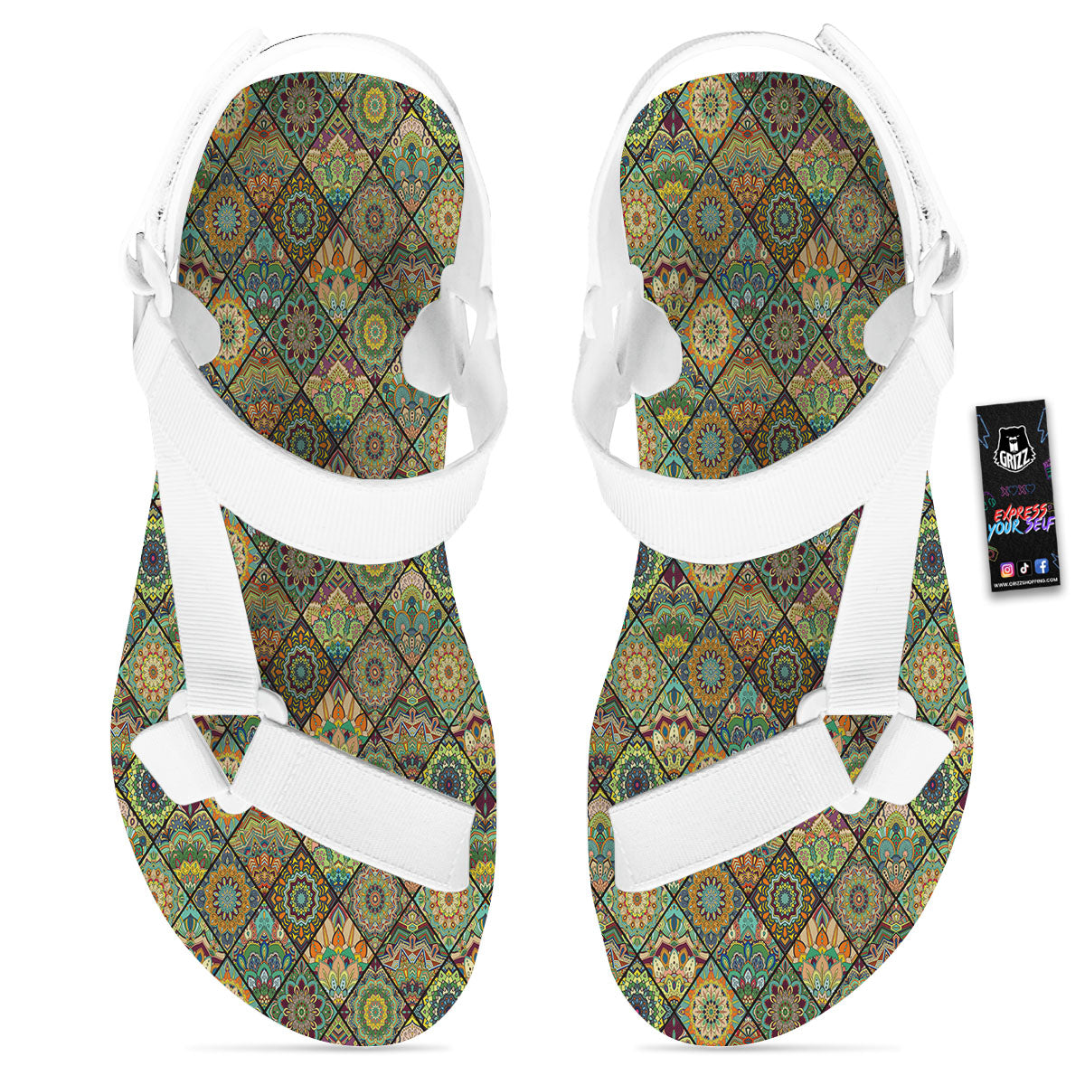 Mandala Patchwork Oval Bohemian Print Pattern White Open Toe Sandals-grizzshop