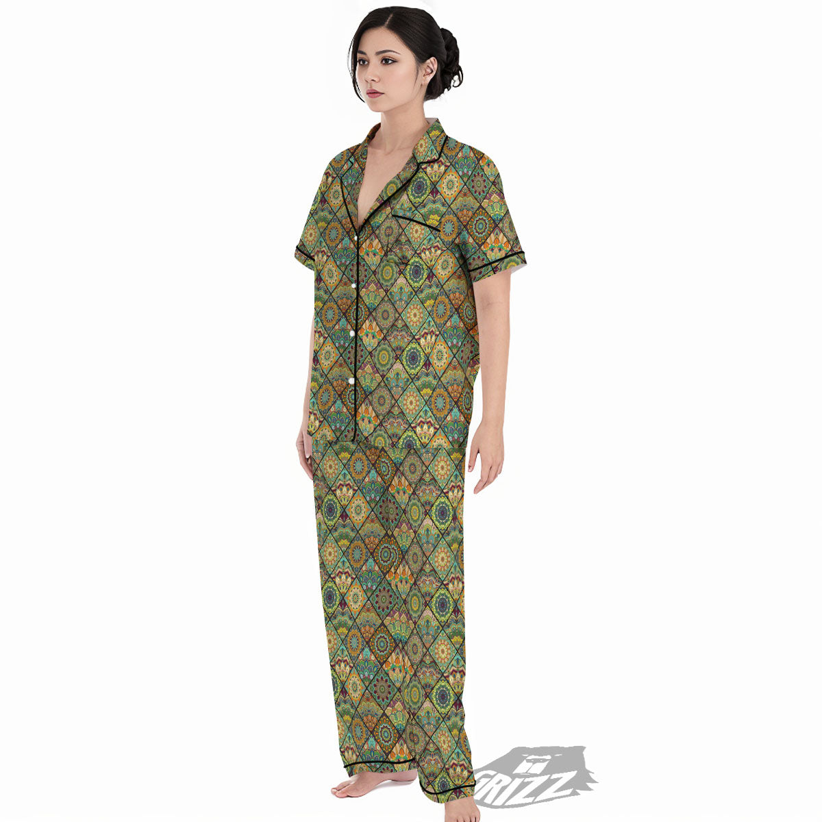 Mandala Patchwork Oval Bohemian Print Pattern Women's Pajamas Set-grizzshop