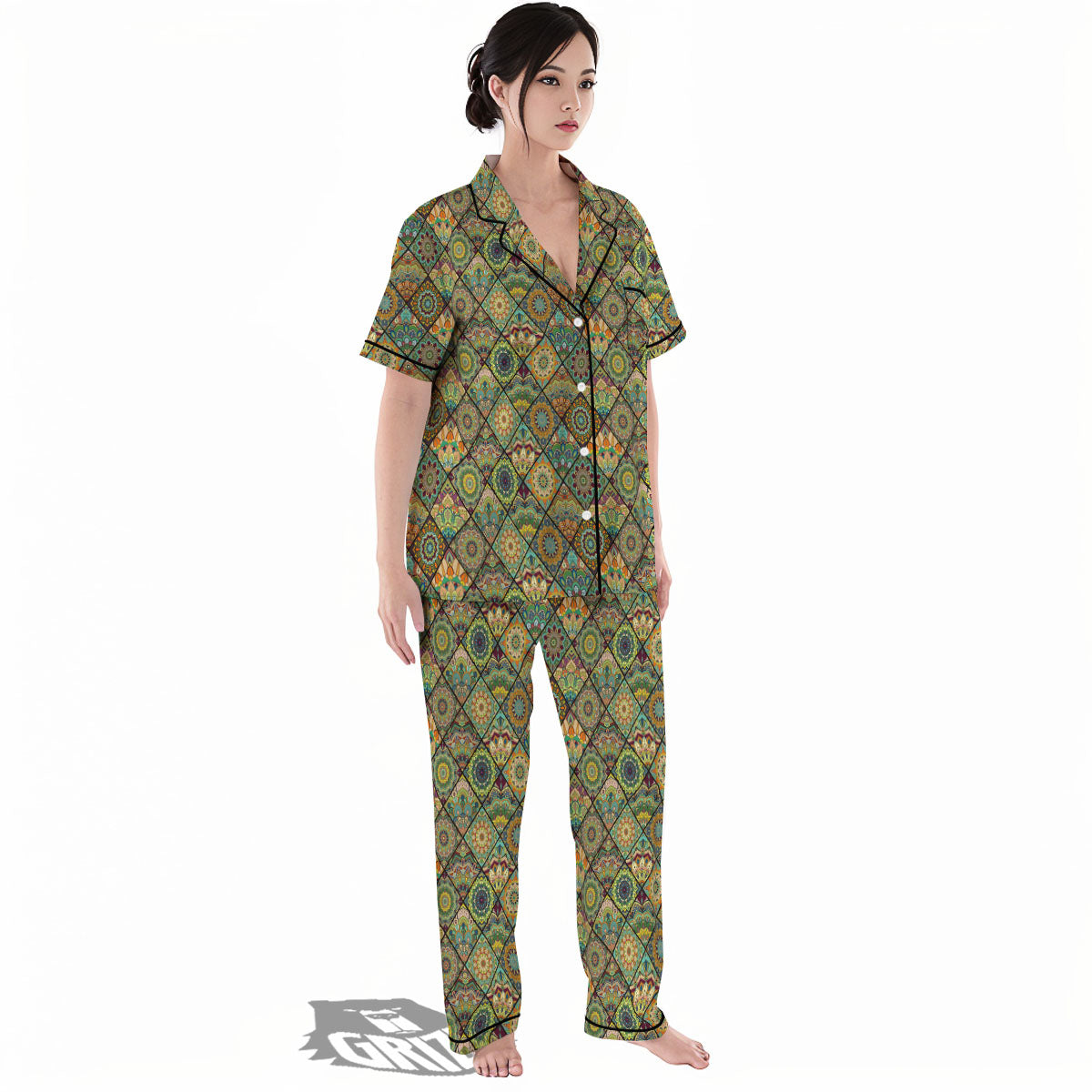 Mandala Patchwork Oval Bohemian Print Pattern Women's Pajamas Set-grizzshop
