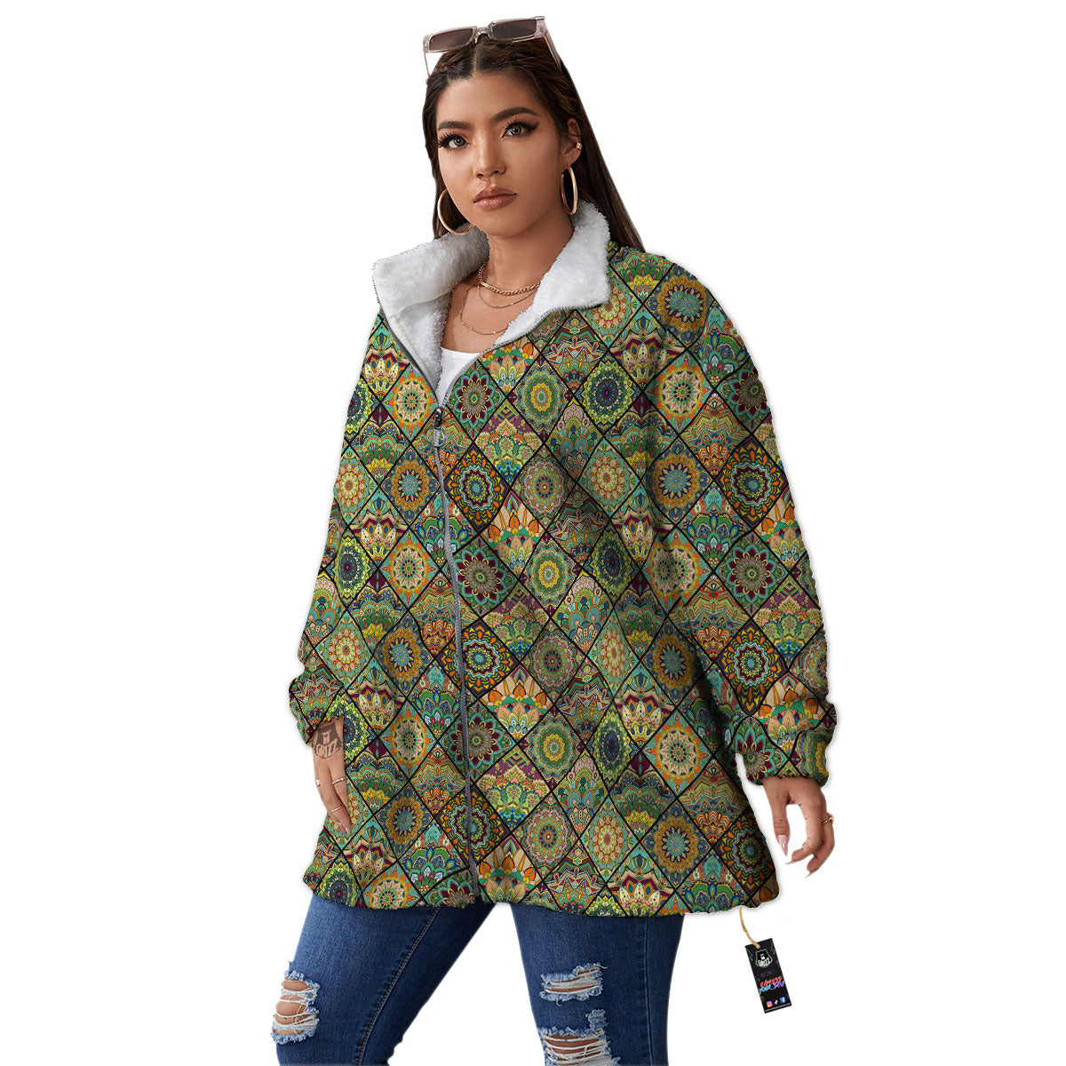 Mandala Patchwork Oval Bohemian Print Pattern Women's Sherpa Jacket-grizzshop