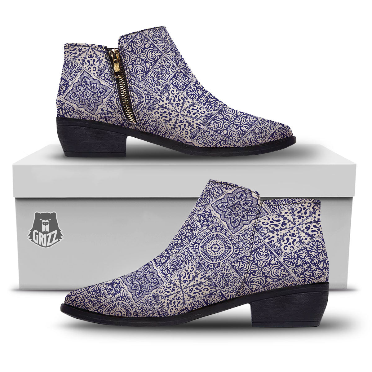 Mandala Patchwork Square Bohemian Print Pattern Ankle Boots-grizzshop