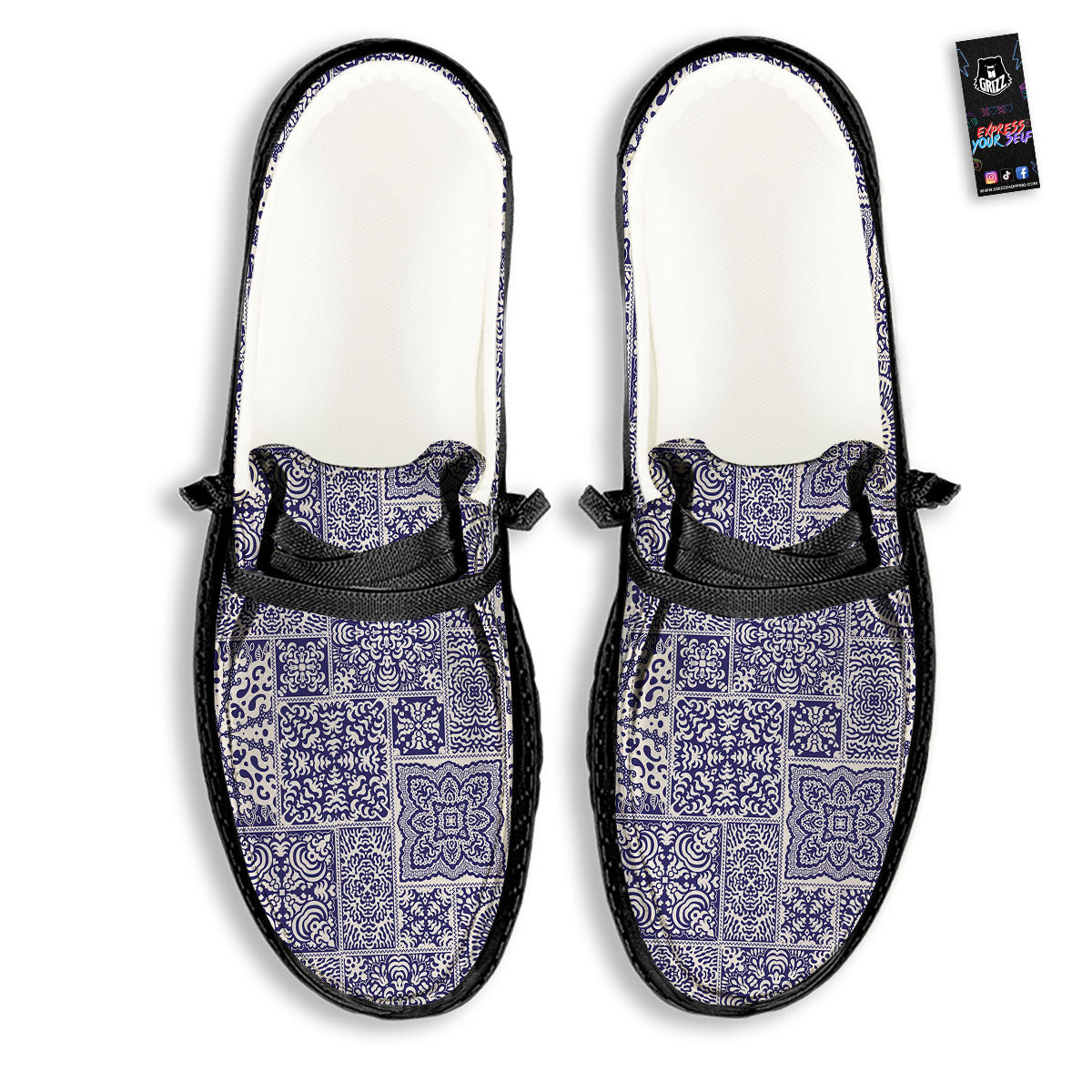 Mandala Patchwork Square Bohemian Print Pattern Black Loafers-grizzshop
