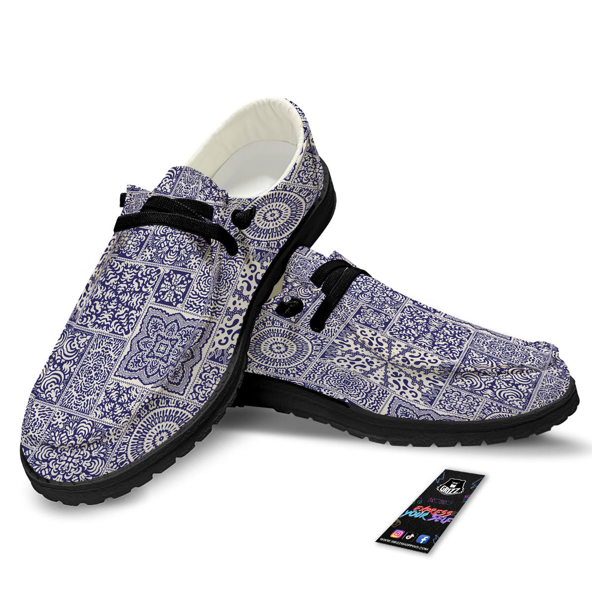 Mandala Patchwork Square Bohemian Print Pattern Black Loafers-grizzshop