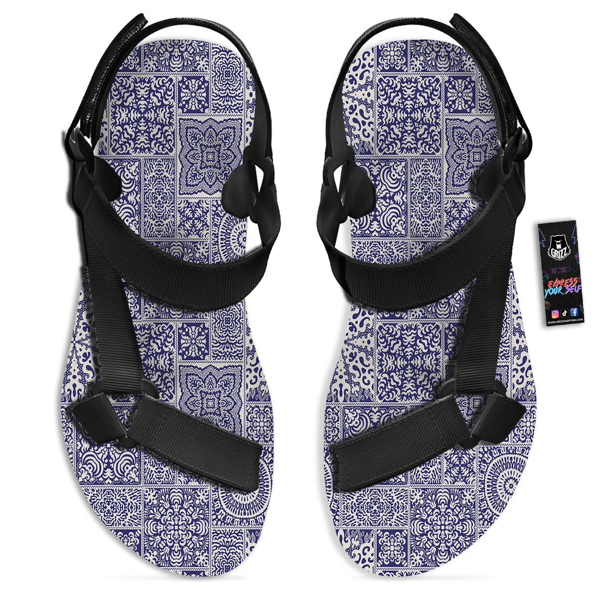 Mandala Patchwork Square Bohemian Print Pattern Black Open Toe Sandals-grizzshop