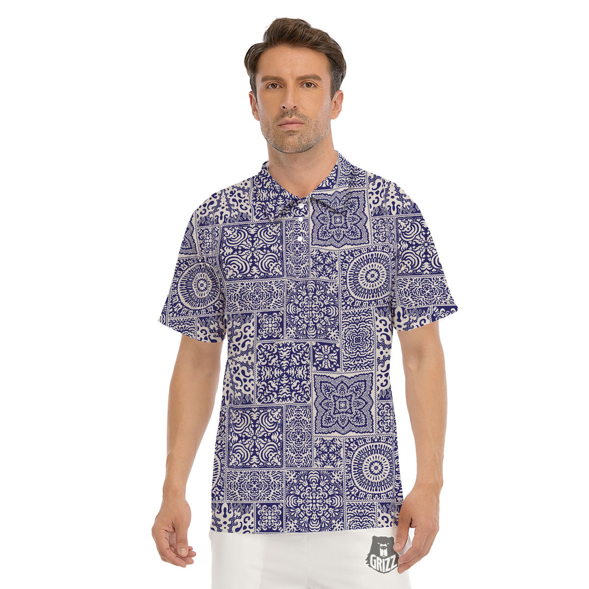 Mandala Patchwork Square Bohemian Print Pattern Men's Golf Shirts-grizzshop
