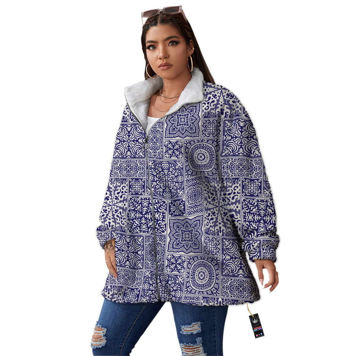 Mandala Patchwork Square Bohemian Print Pattern Women's Sherpa Jacket-grizzshop