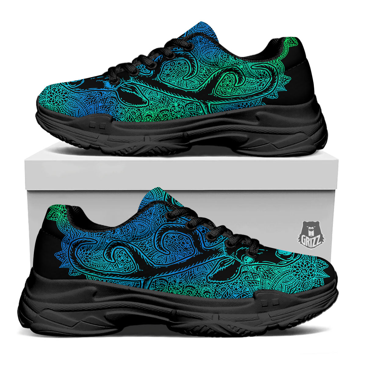 Mandala Spiritual Deer Print Black Chunky Shoes-grizzshop