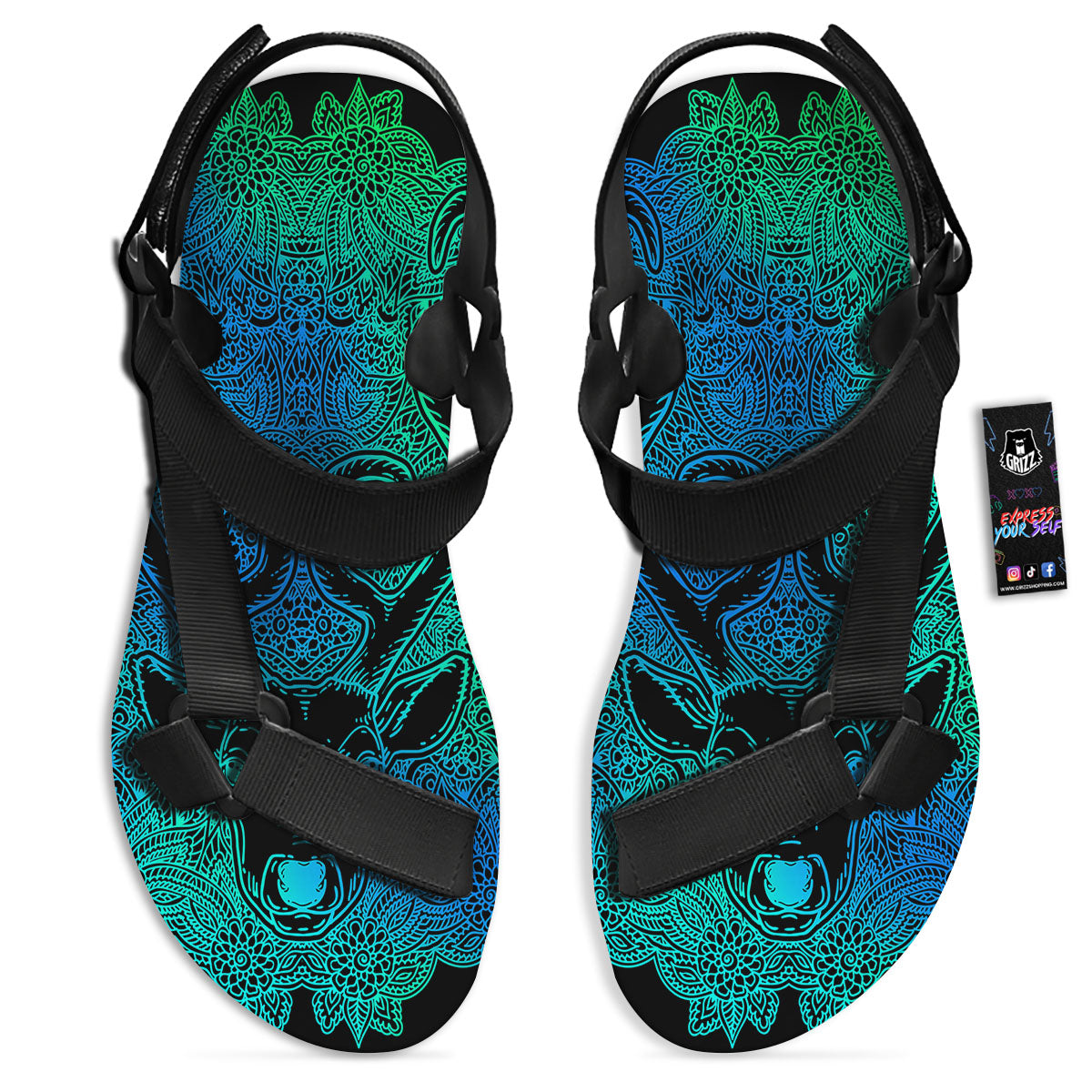 Mandala Spiritual Deer Print Black Open Toe Sandals-grizzshop