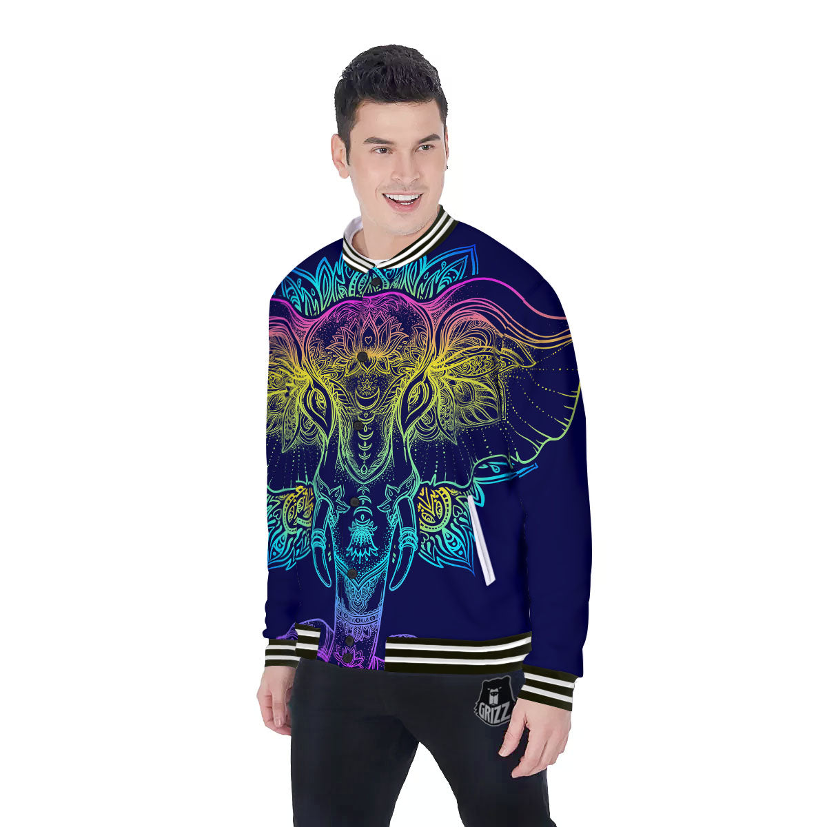 Mandala Spiritual Elephant Print Baseball Jacket-grizzshop