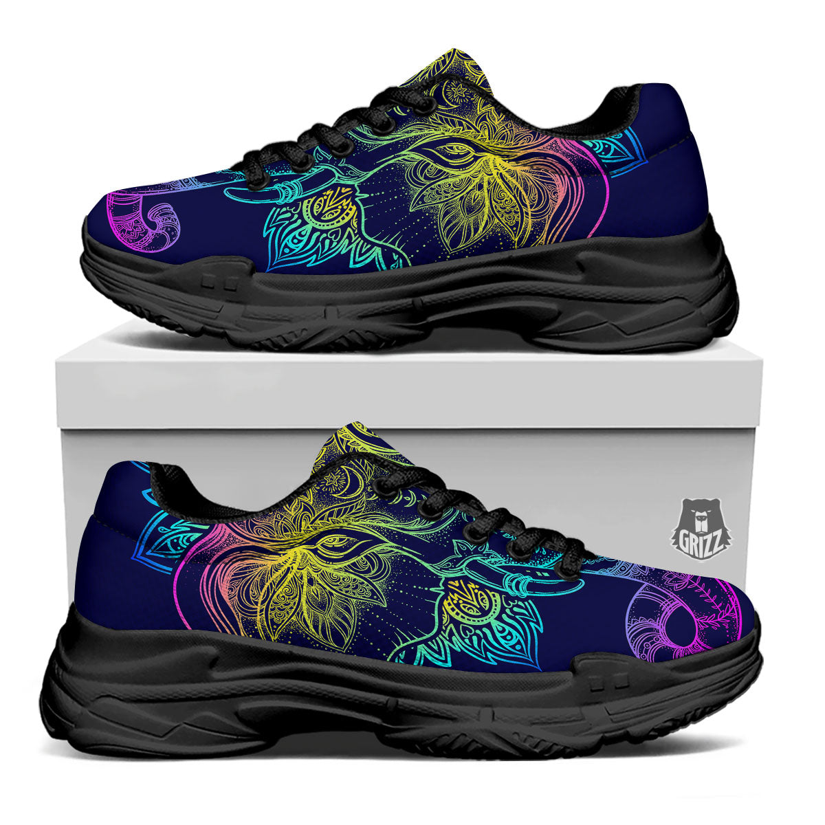 Mandala Spiritual Elephant Print Black Chunky Shoes-grizzshop