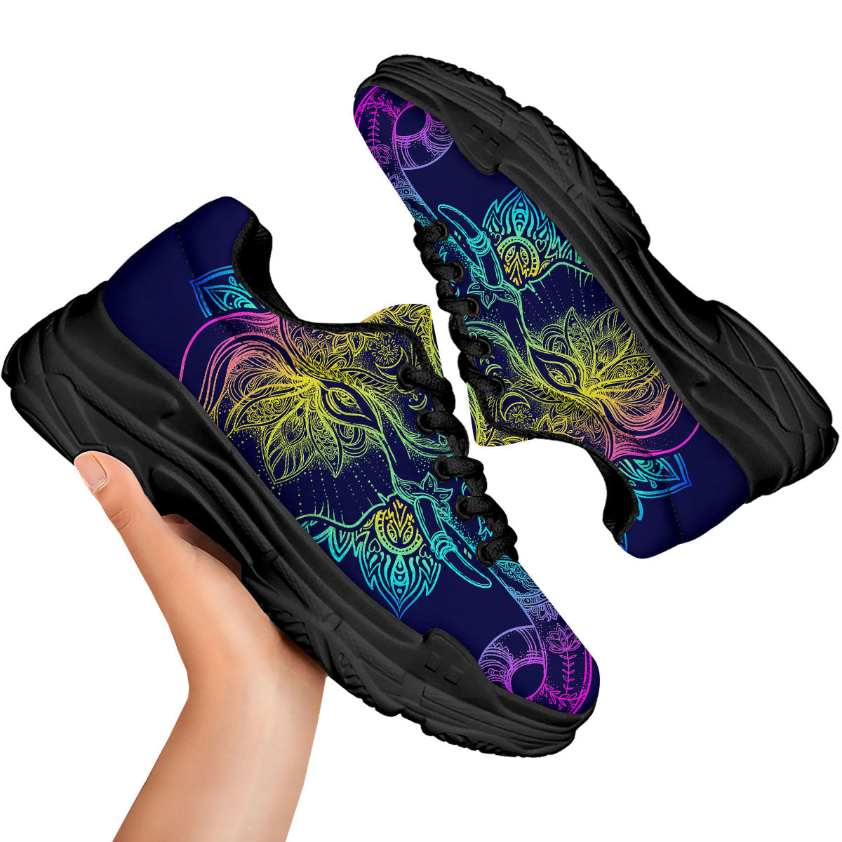 Mandala Spiritual Elephant Print Black Chunky Shoes-grizzshop