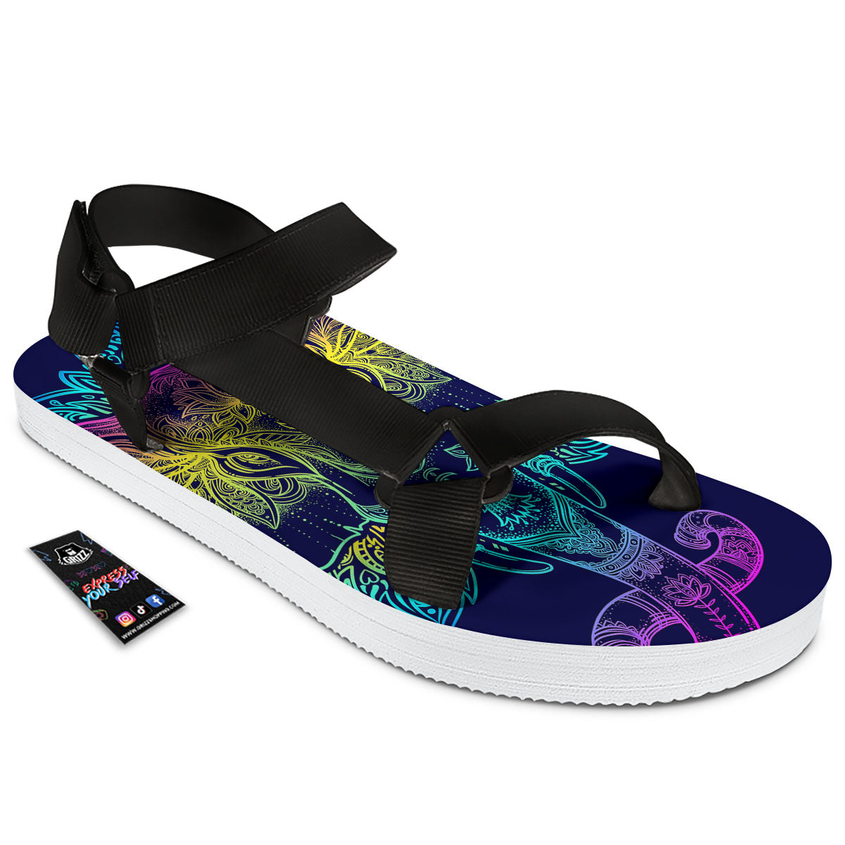 Mandala Spiritual Elephant Print Black Open Toe Sandals-grizzshop