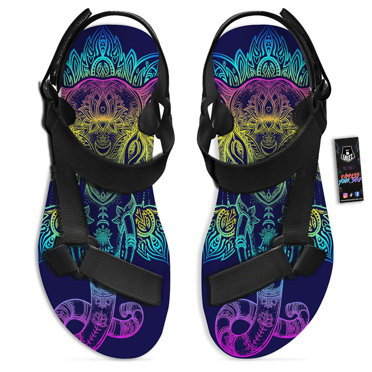 Mandala Spiritual Elephant Print Black Open Toe Sandals-grizzshop