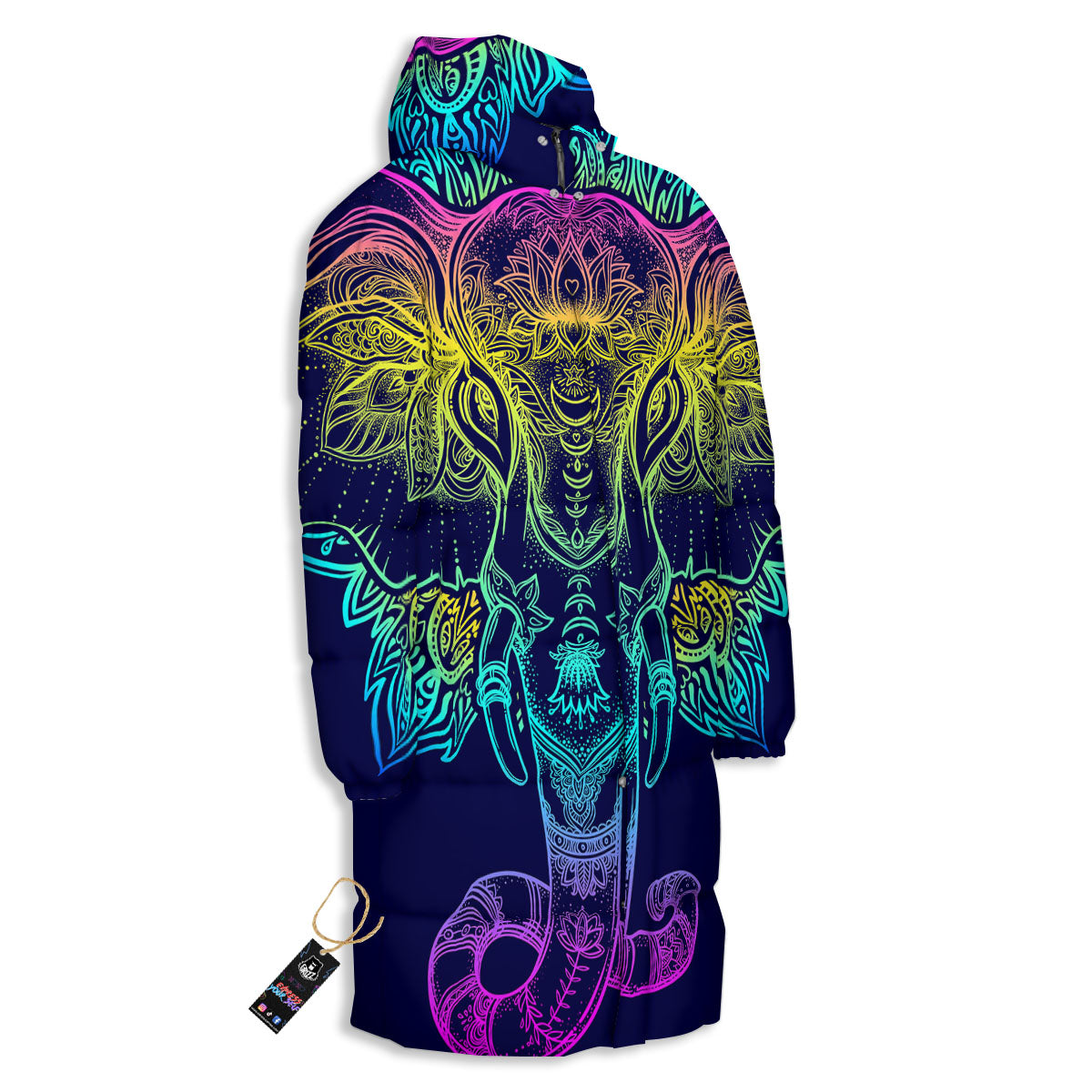 Mandala Spiritual Elephant Print Long Down Jacket-grizzshop