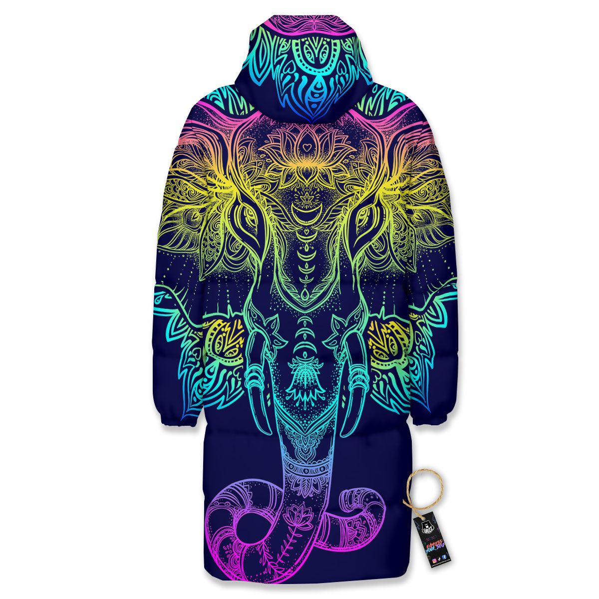 Mandala Spiritual Elephant Print Long Down Jacket-grizzshop