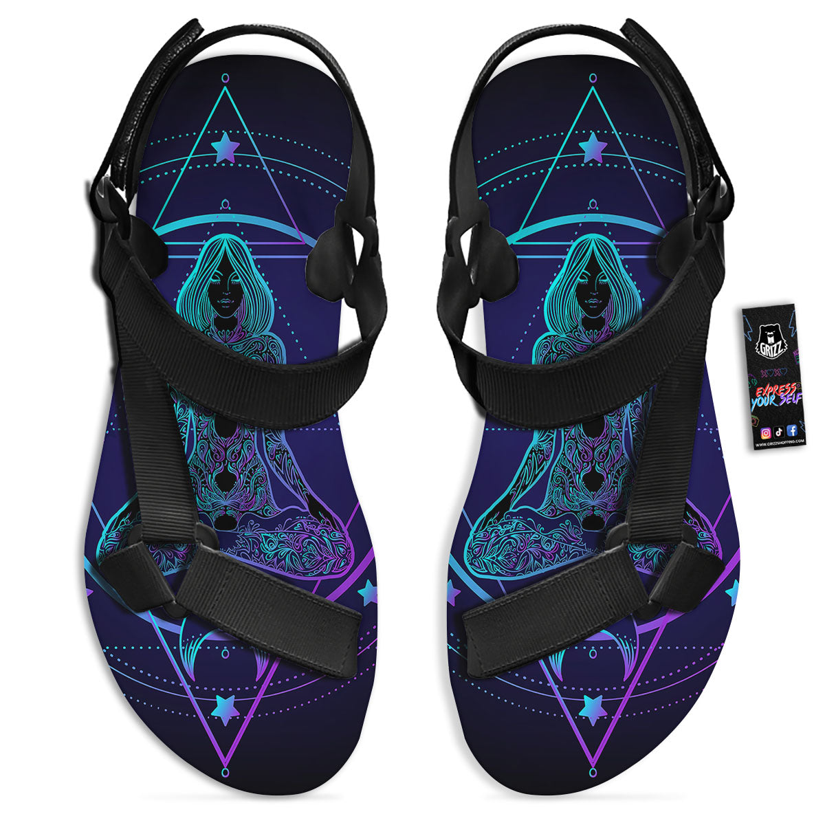 Mandala Spiritual Girl Print Black Open Toe Sandals-grizzshop