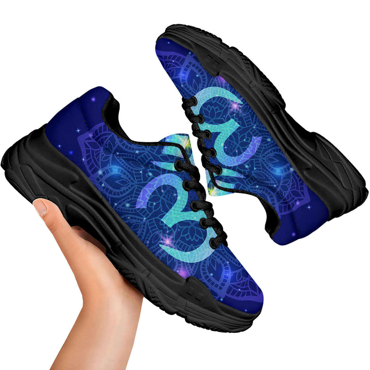 Mandala Spiritual Om Print Black Chunky Shoes-grizzshop