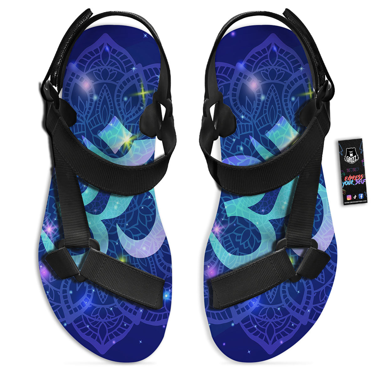 Mandala Spiritual Om Print Black Open Toe Sandals-grizzshop