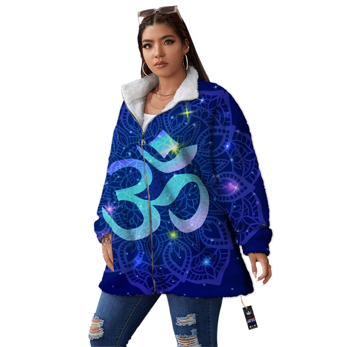 Mandala Spiritual Om Print Women's Sherpa Jacket-grizzshop