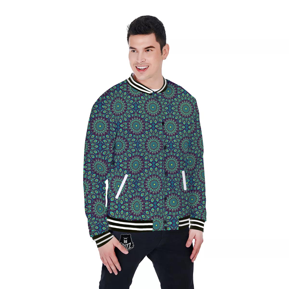 Mandala Teal Bohemian Print Pattern Baseball Jacket-grizzshop
