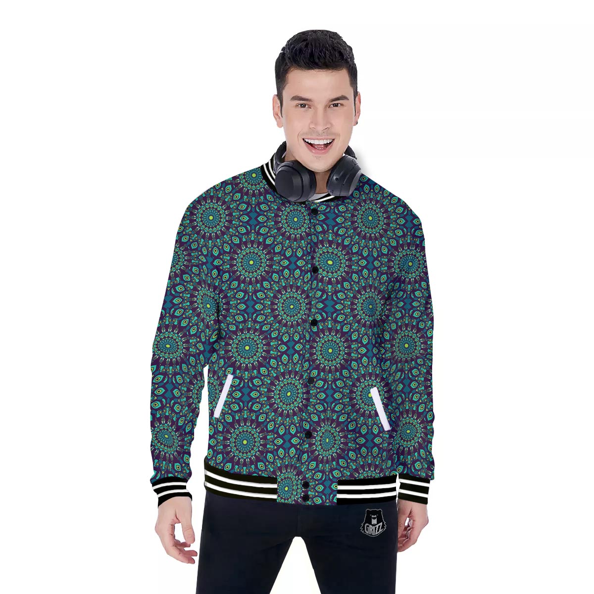 Mandala Teal Bohemian Print Pattern Baseball Jacket-grizzshop