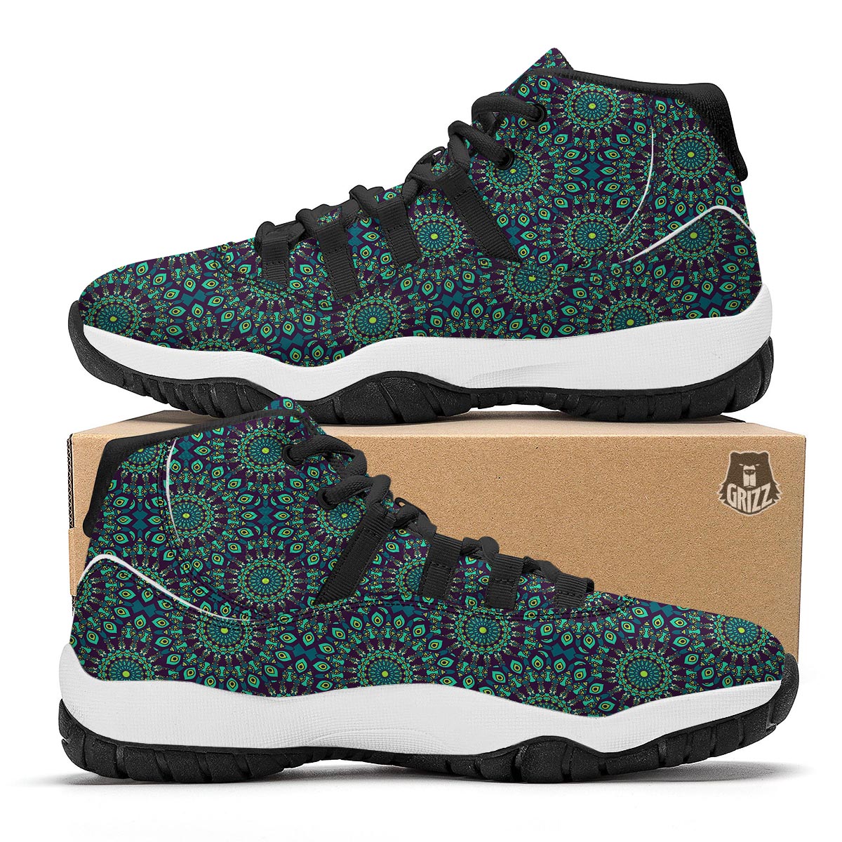 Mandala Teal Bohemian Print Pattern Black Bball Shoes-grizzshop