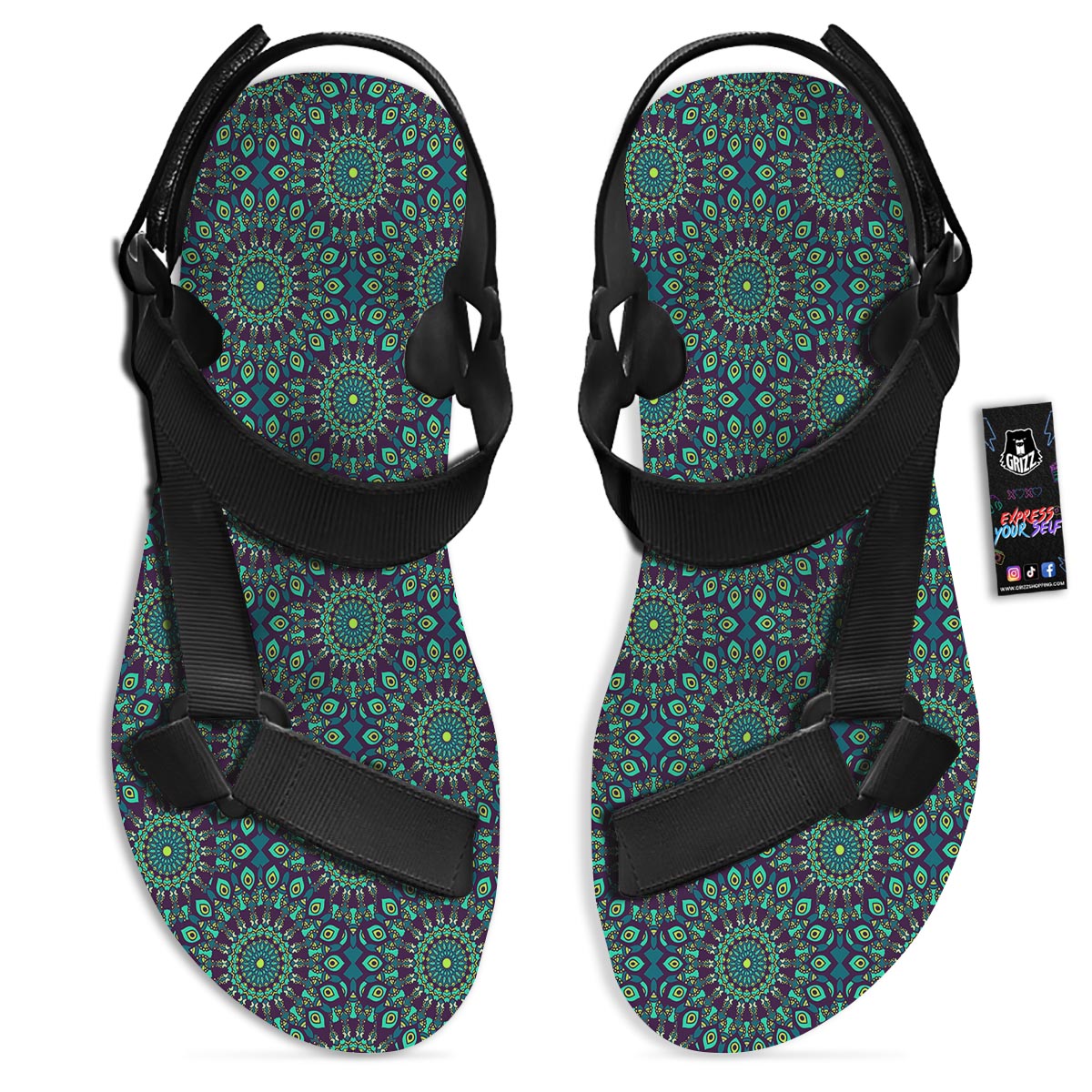 Mandala Teal Bohemian Print Pattern Black Open Toe Sandals-grizzshop