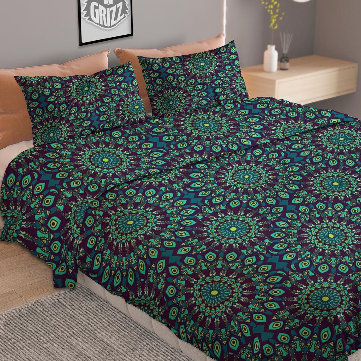 Mandala Teal Bohemian Print Pattern Duvet Cover Bedding Set