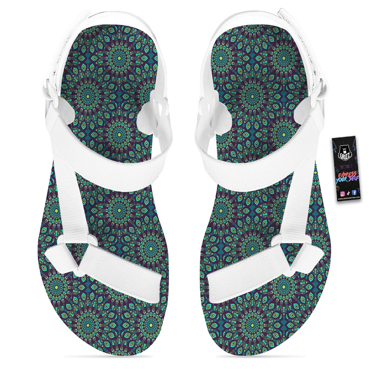 Mandala Teal Bohemian Print Pattern White Open Toe Sandals-grizzshop