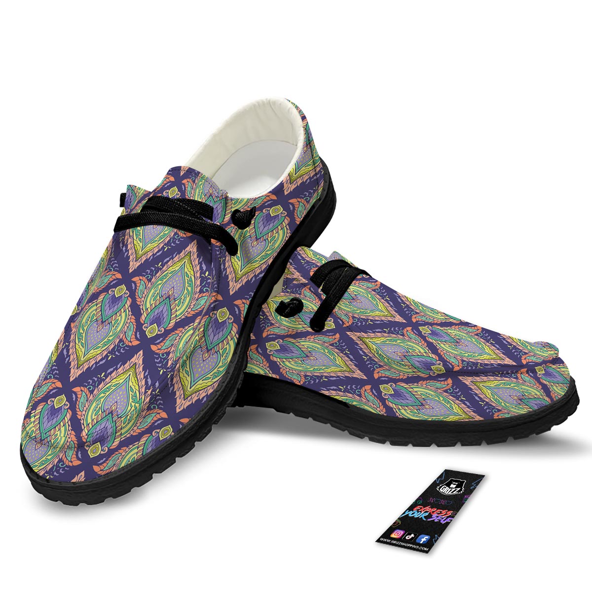 Mandala Thai Print Pattern Black Loafers-grizzshop