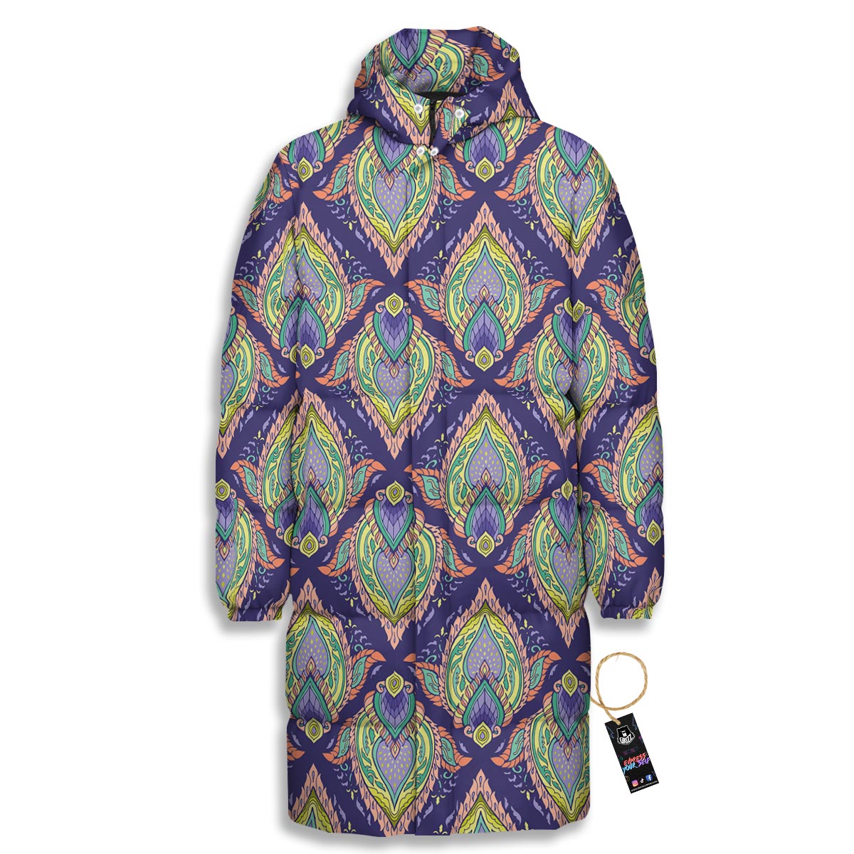 Mandala Thai Print Pattern Long Down Jacket-grizzshop