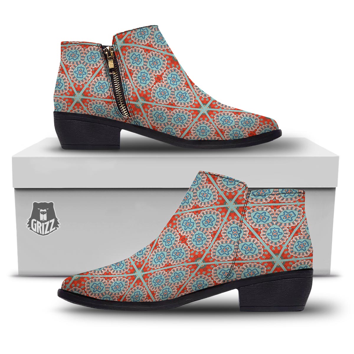 Mandala Triangle Bohemian Print Pattern Ankle Boots-grizzshop